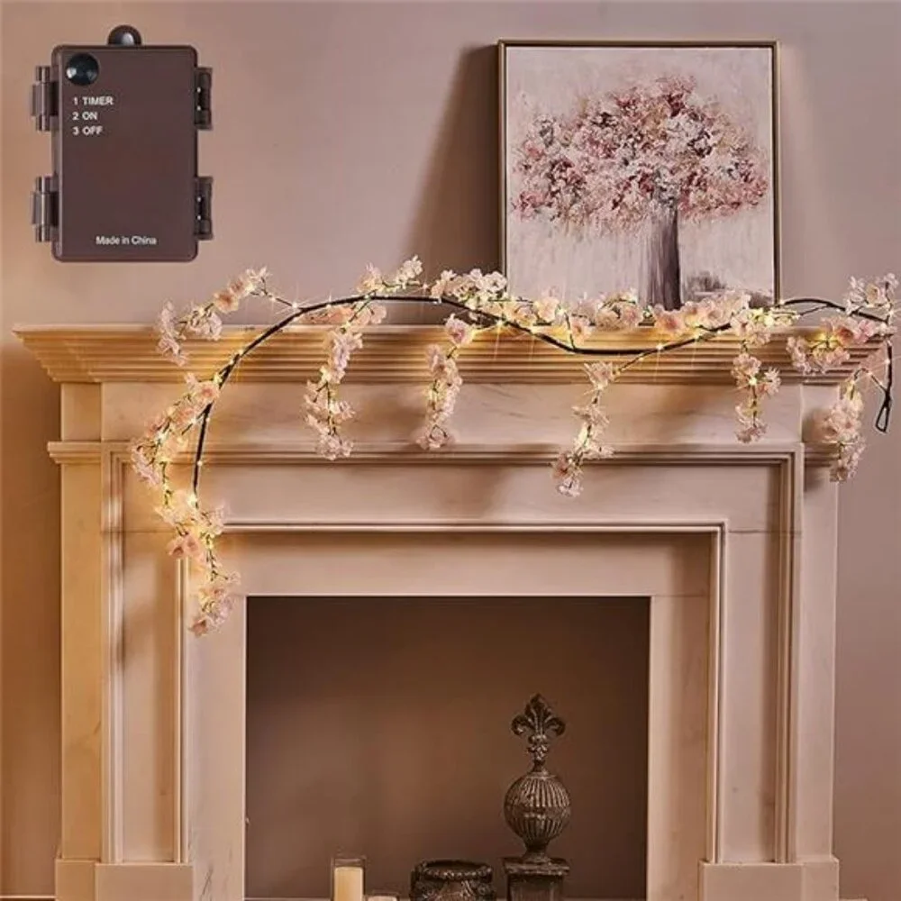 Lighted Garland Spring with Cherry Blossom 96 Fairy Lights 6FT for Mantle